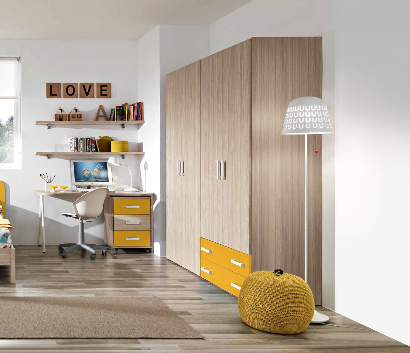 Armadio per camerette, 4 ante battenti 2 cassetti, olmo e giallo
