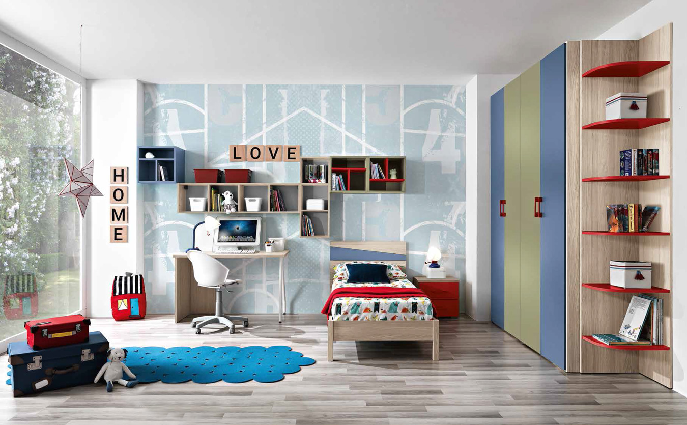 Cameretta completa Fabio con letto, comodino e armadio, olmo, avio, salvia e rosso