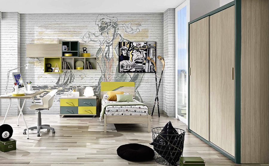 Cameretta di design Federico con letto, maxi comodino e armadio, olmo, senape petrolio