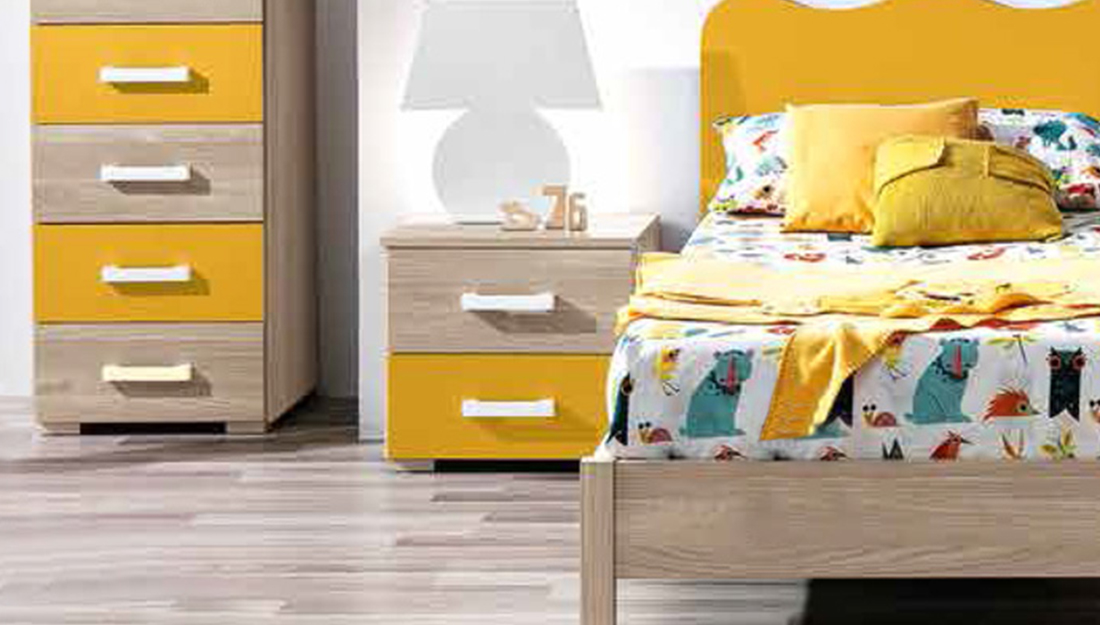 Comodino 2 cassetti per camerette per ragazzi, Olmo e Giallo