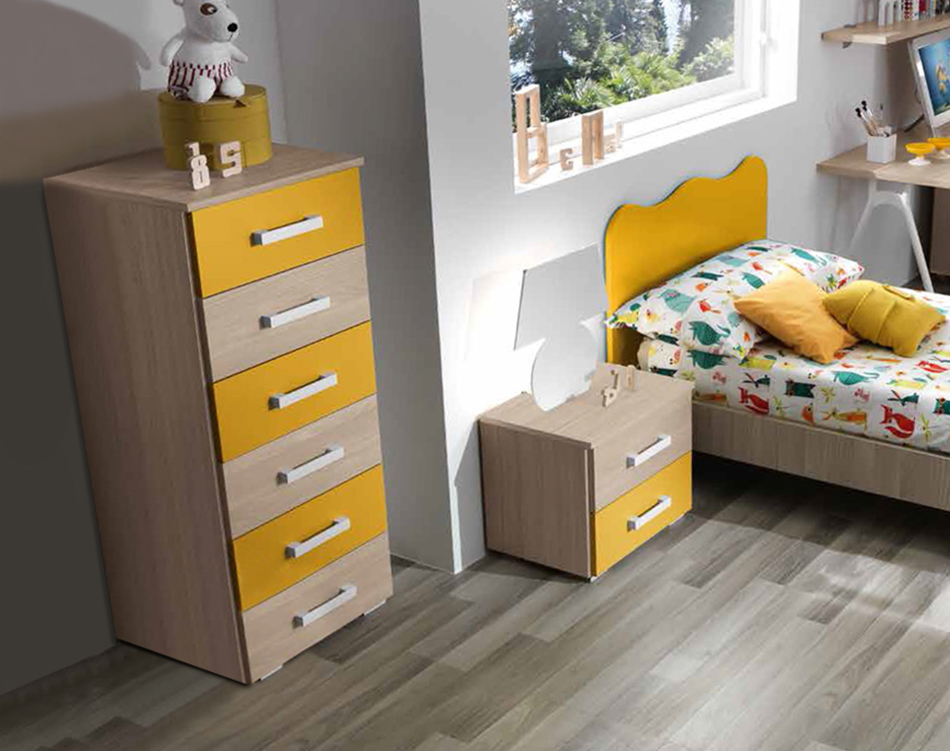 Settimino moderno 6 cassetti per camerette, olmo e giallo