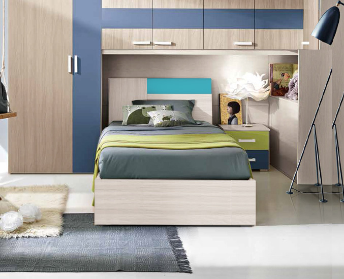 Letto singolo Alberto con contenitore, finitura Betulla e Turchese