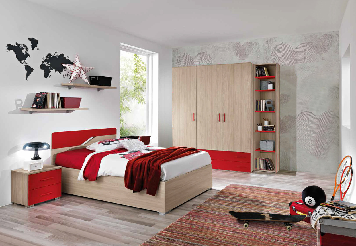 Cameretta moderna per ragazzi Ivan, finitura Olmo e Rosso