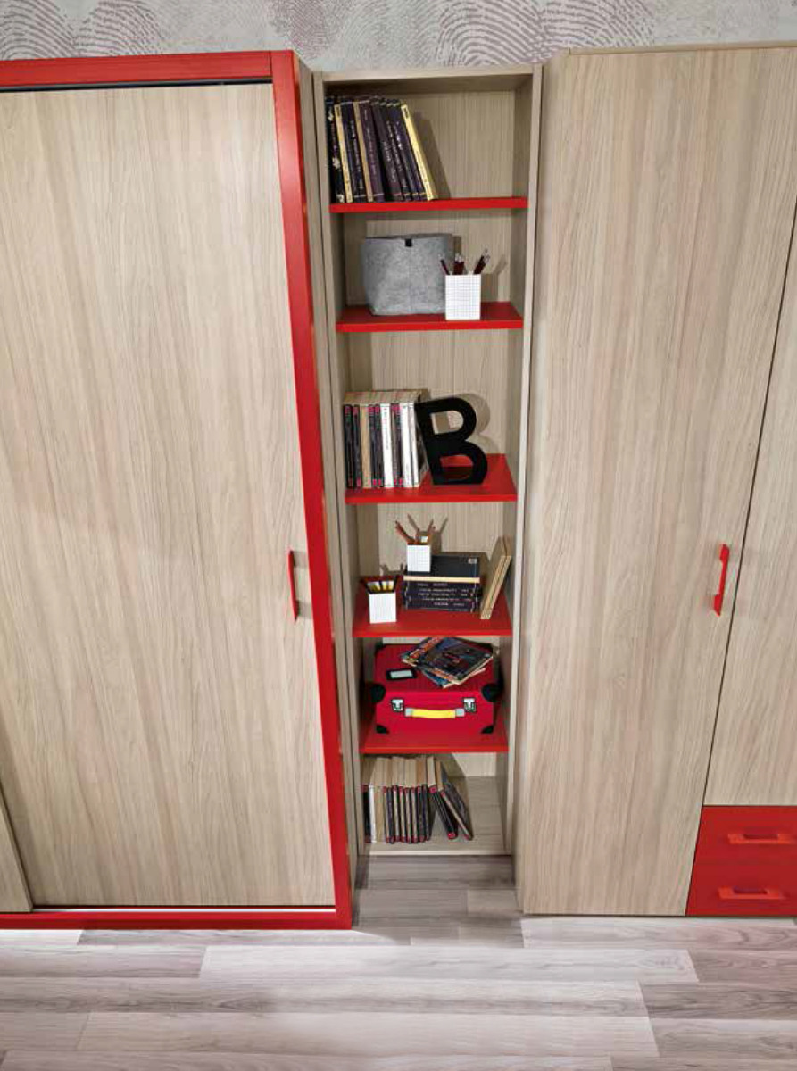 Cameretta moderna per ragazzi Ivan, finitura Olmo e Rosso