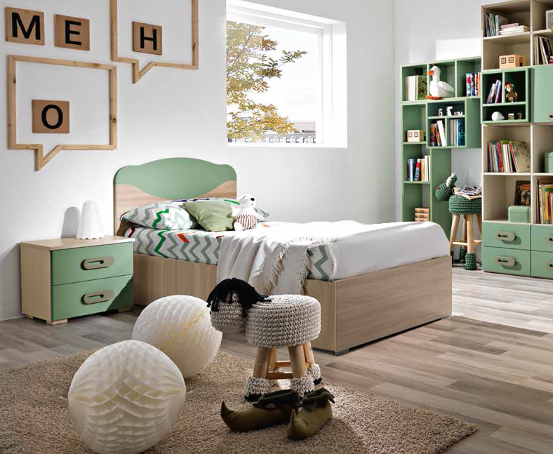 Letto singolo Marica con contenitore, finitura Olmo e Verde Papua