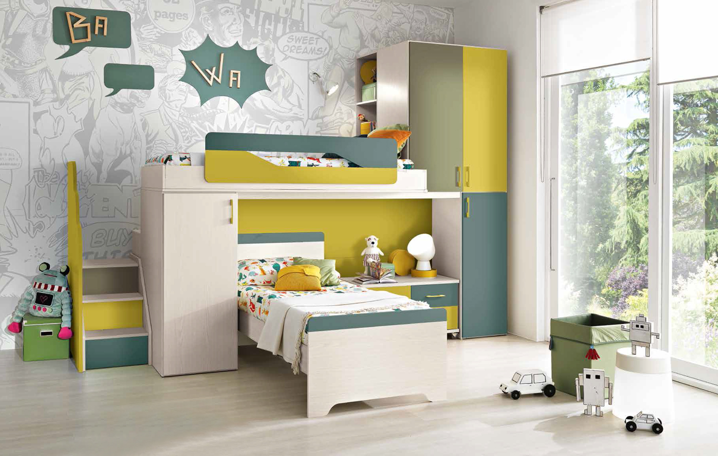 Cameretta con soppalco Chiara, finitura Betulla, Senape, Petrolio e Salvia