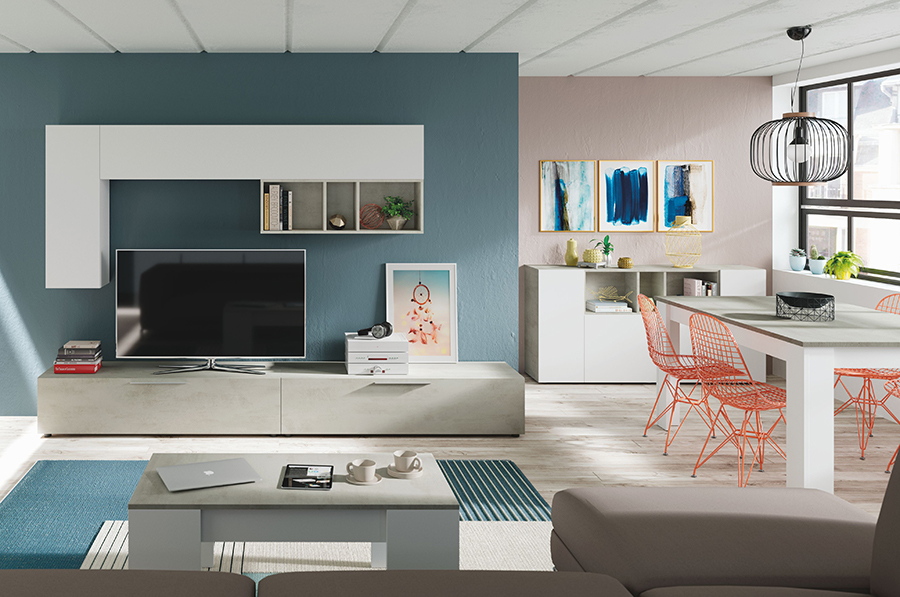 Soggiorno Zenzero, parete attrezzata moderna con doppia base porta TV e pensili a muro, cemento e bianco artik