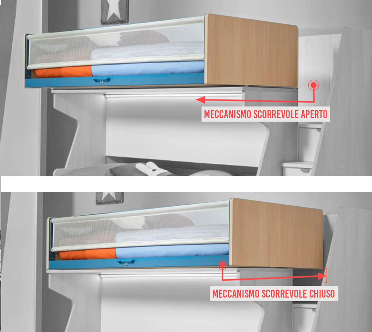 Letto a soppalco con passerella a 3 posti letto Moretti Compact, Flora e Pavone