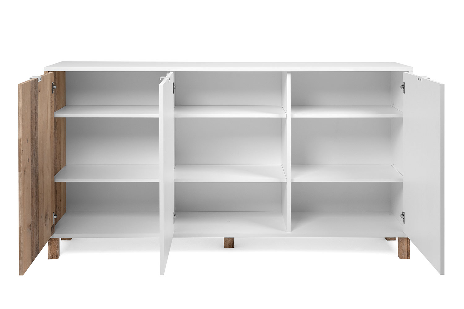 Soggiorno Kilsbo composto da un porta Tv, una madia e un tavolino in finitura Bianco opaco e Legno vecchio