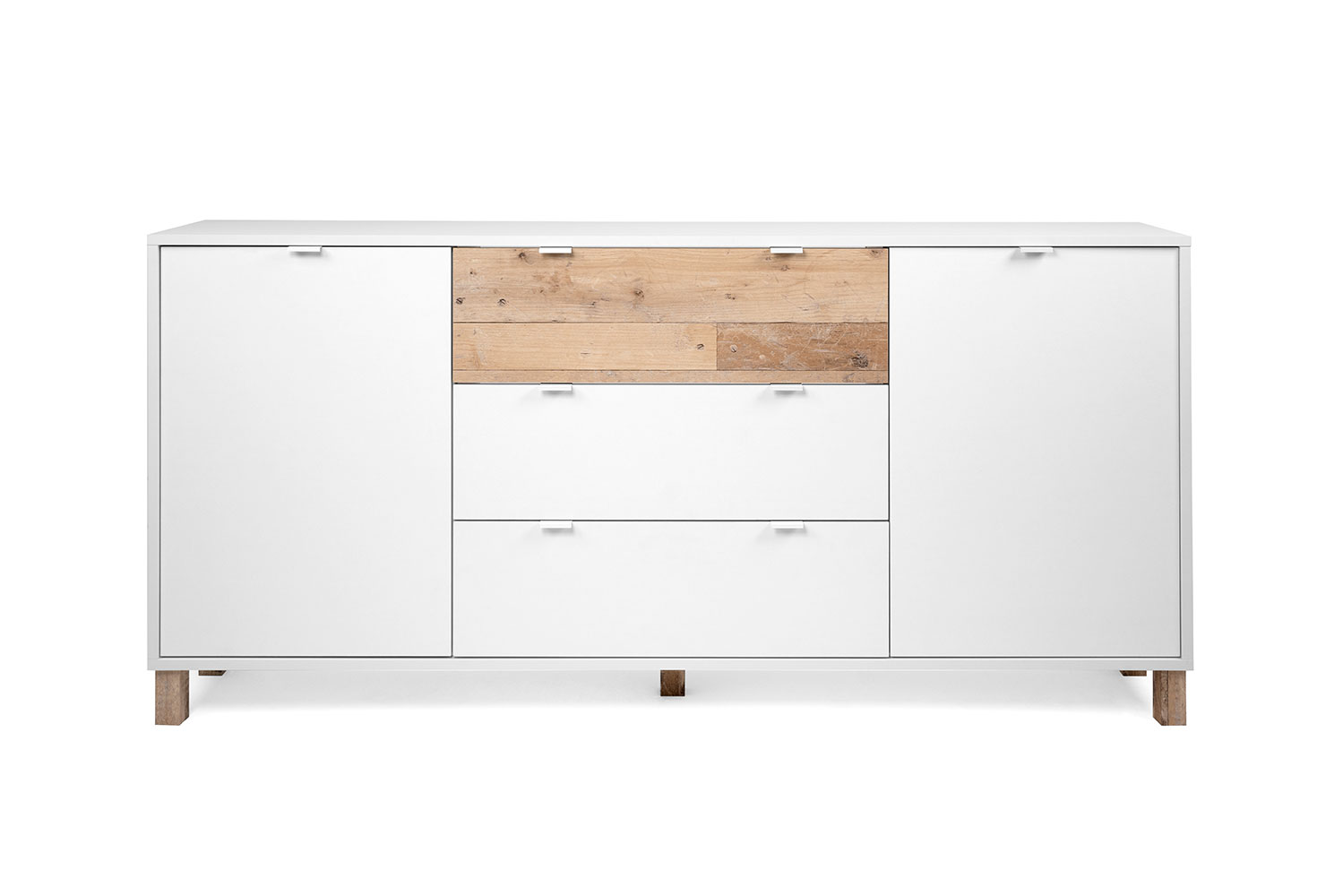 Mobile Madia Kilsbo con 2 ante e 3 cassetti in finitura Bianco opaco e Legno vecchio