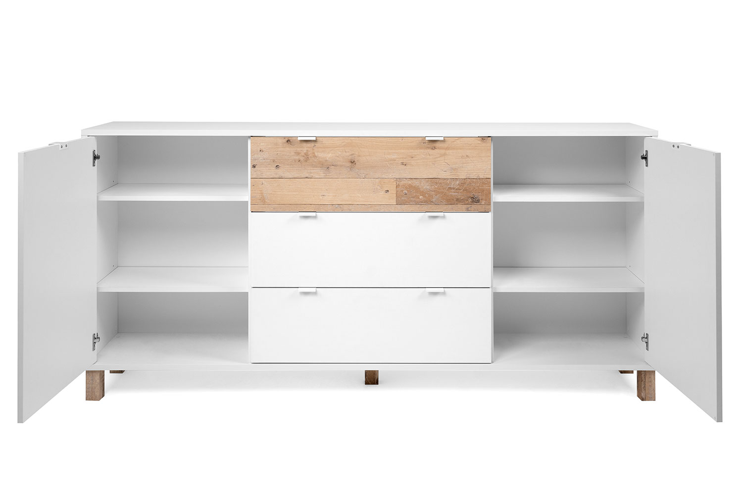 Mobile Madia Kilsbo con 2 ante e 3 cassetti in finitura Bianco opaco e Legno vecchio