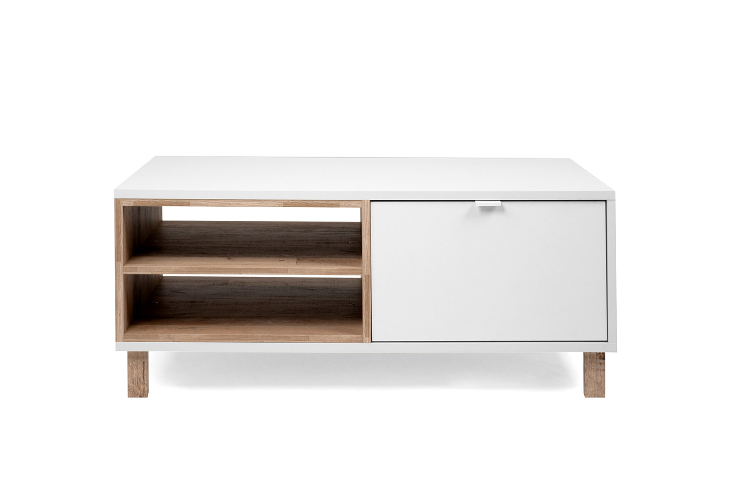 Soggiorno Kilsbo composto da un porta Tv, una madia e un tavolino in finitura Bianco opaco e Legno vecchio