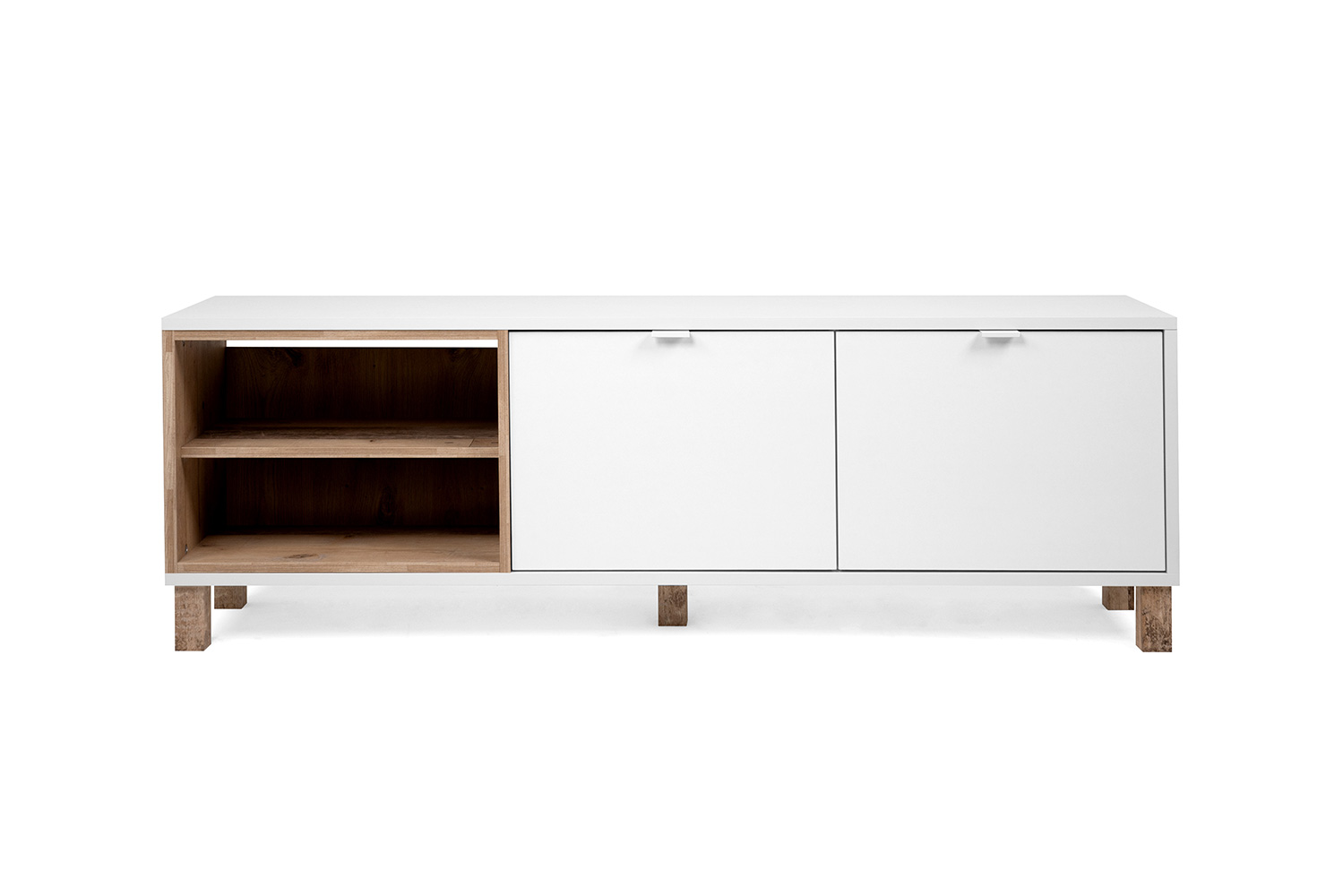 Soggiorno Kilsbo composto da un porta Tv, una madia e un tavolino in finitura Bianco opaco e Legno vecchio