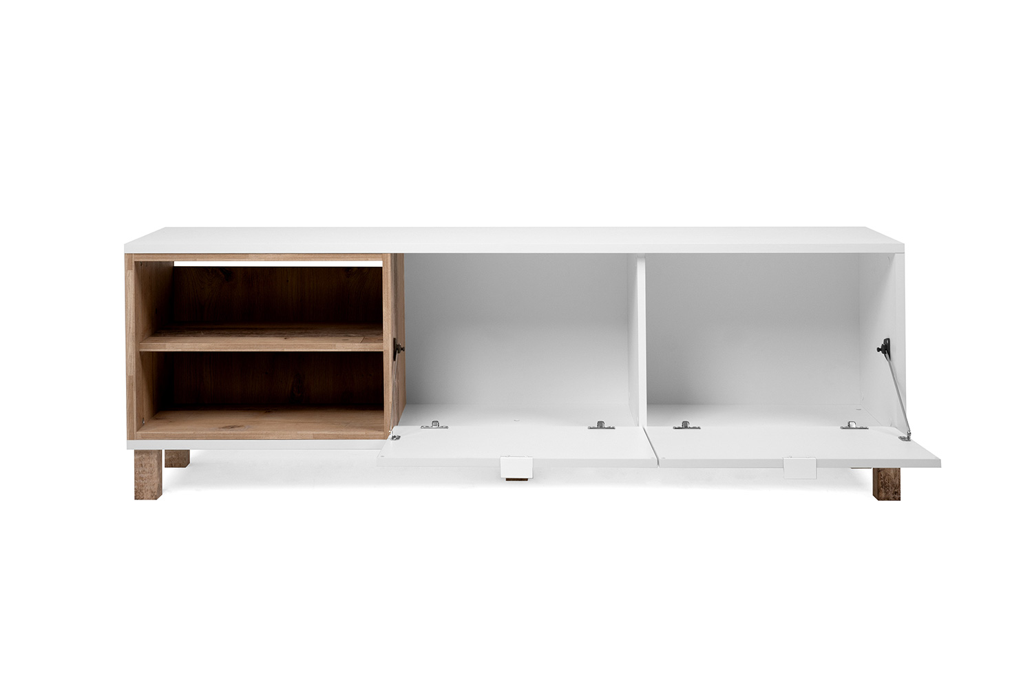 Soggiorno Kilsbo composto da un porta Tv, una madia e un tavolino in finitura Bianco opaco e Legno vecchio