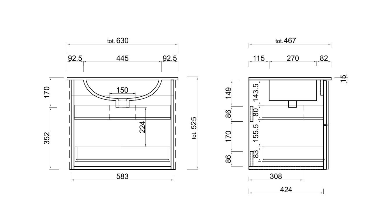 Mobile da bagno sospeso L.63 cm, 2 cassetti, Made in Italy 