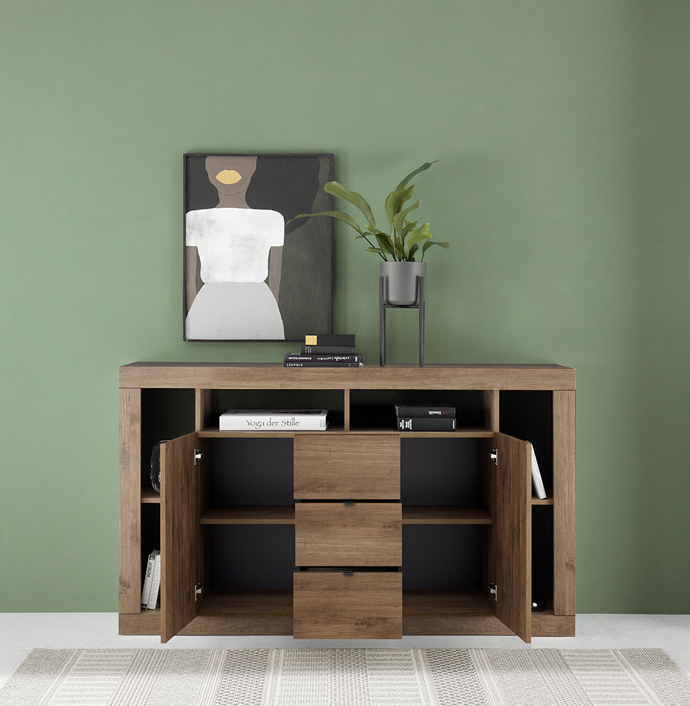 Spaziosa Credenza moderna di design a 2 ante e 3 cassetti, finitura Mercure 