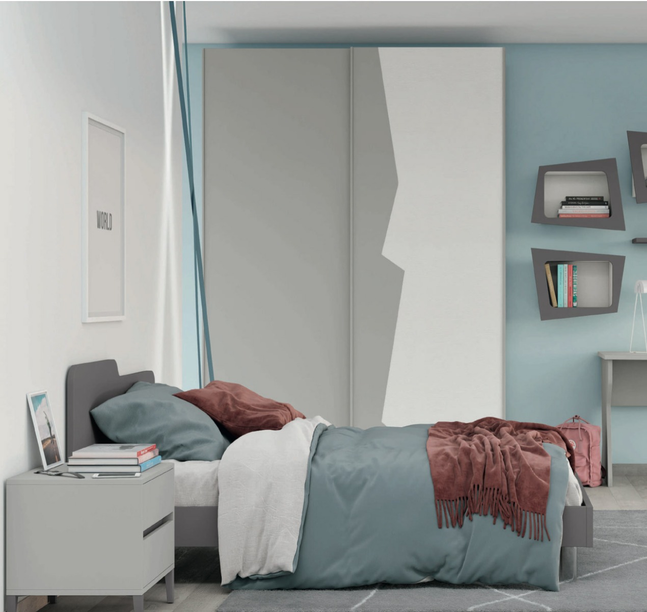 Armadio con 2 ante scorrevoli bicolore in finitura Grigio dorian e Rovere bianco