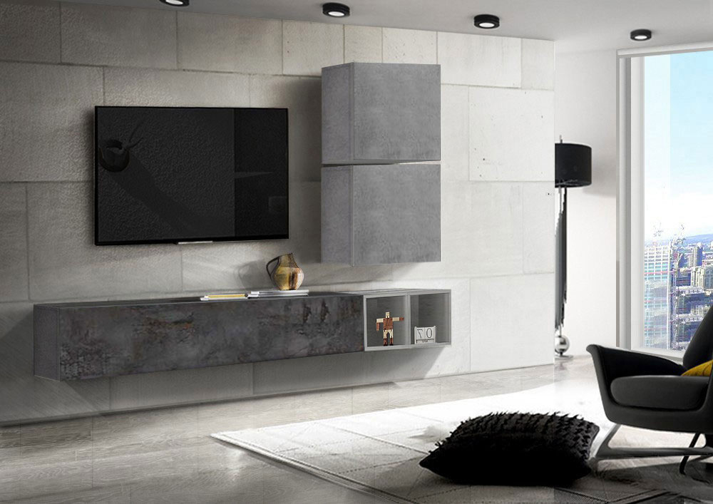 Parete soggiorno moderna in finitura Ossido e Beton