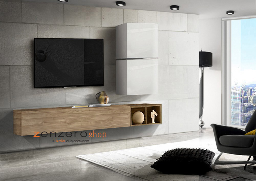 Parete soggiorno moderna, cadiz, miele e cubi bianchi lucidi