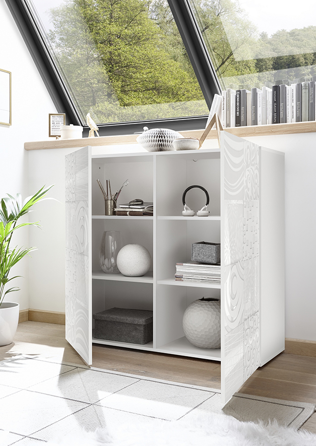 Madia contenitore 2 ante in bianco laccato lucido serigrafato