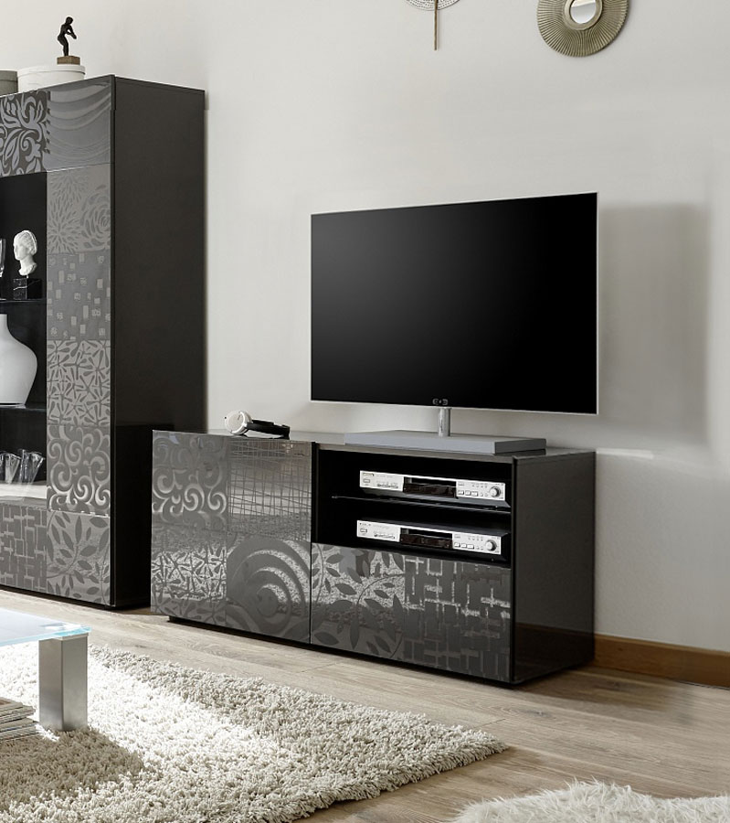 Base porta TV ad 1 anta, 1 cassetto, grigio serigrafato