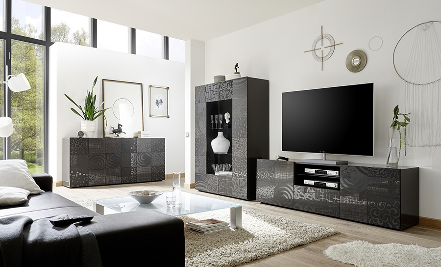 Sala completa di base porta tv, madia 3 ante e vetrina in grigio serigrafato