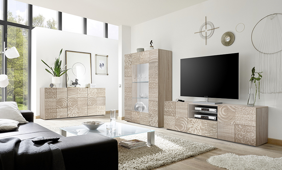 Sala completa di base porta tv, madia 3 ante e vetrina in rovere serigrafato