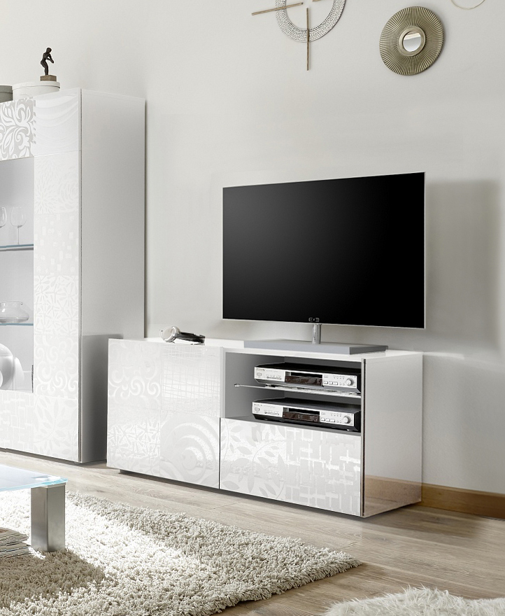 Moderna Base porta TV ad 1 anta, 1 cassetto bianco laccato lucido serigrafato