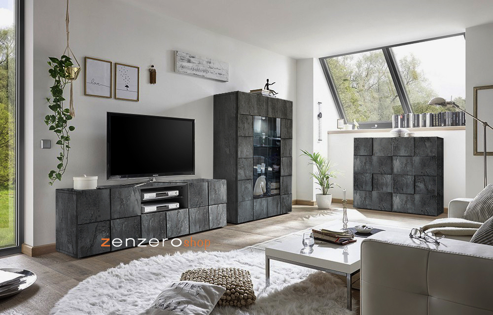 Sala moderna, Ossido, composta da base porta tv, madia alta e vetrina