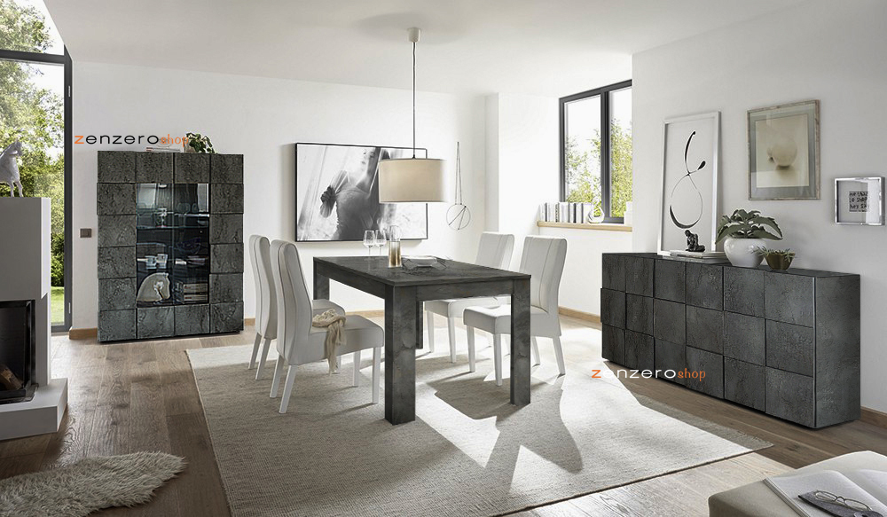 Sala da pranzo completa con madia, tavolo e vetrina, finitura Ossido