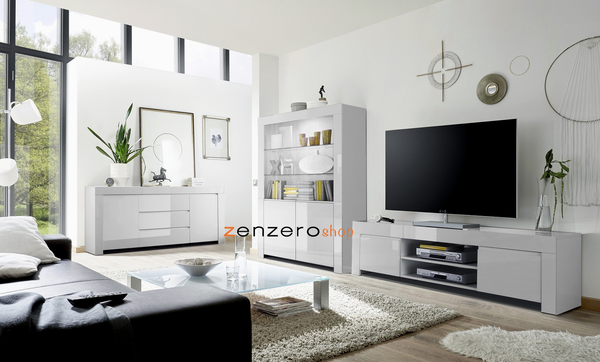 Sala moderna completa bianca lucida, con Vetrina, Porta Tv e Madia 2 ante 3 cassetti
