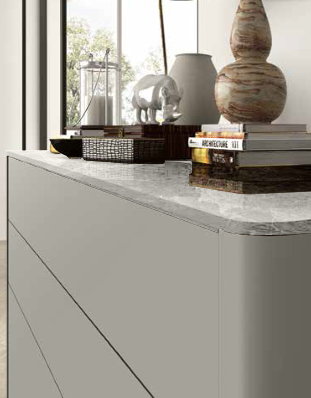 Comodini con top in vetro, finitura Grigio seta e Marmo bianco