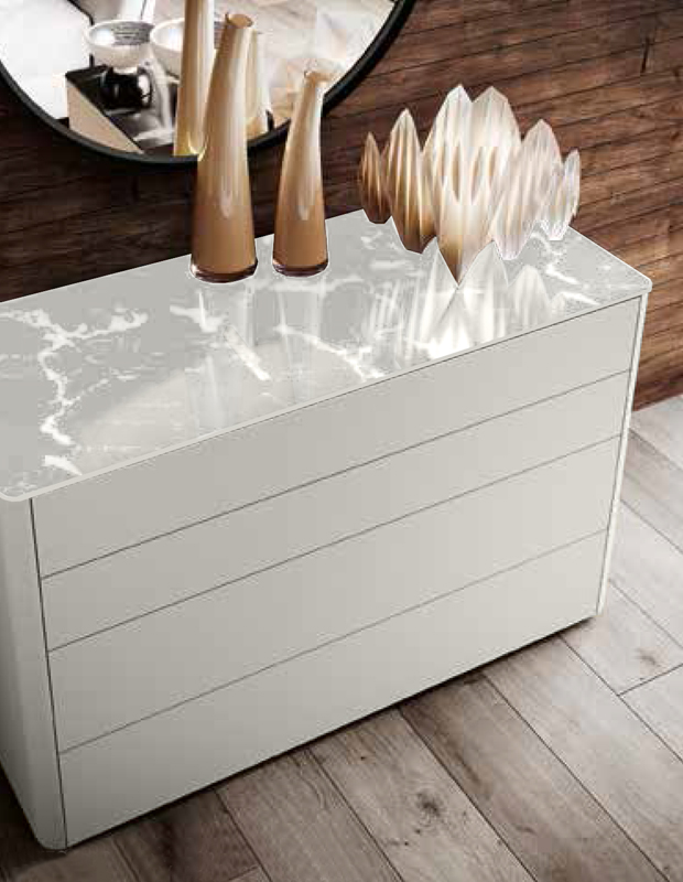 Comodini con top in vetro, finitura Grigio seta e Marmo bianco