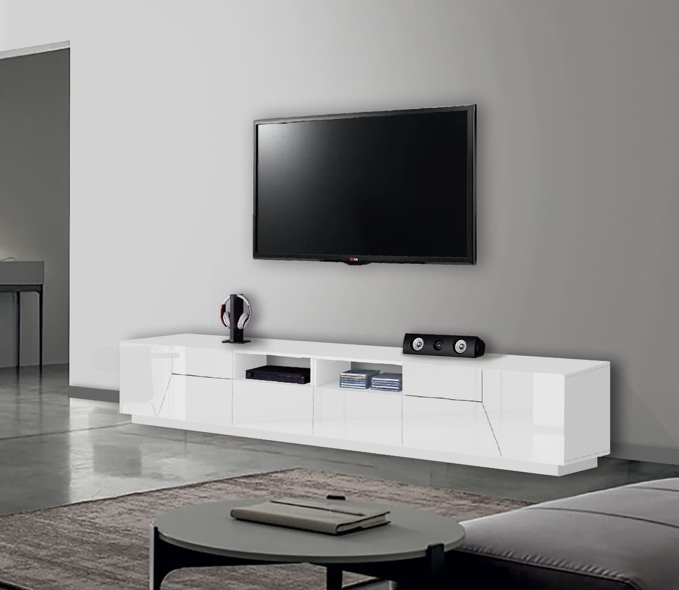 Innovativo Porta TV moderno Bianco lucido, Made in Italy 