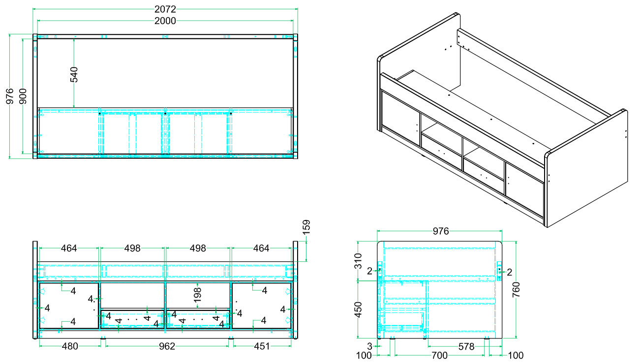 Letto salvaspazio con cassetti, disponibile in 7 colori