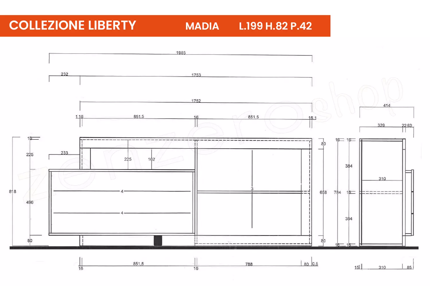credenza 2 porte 3 cassetti grigia