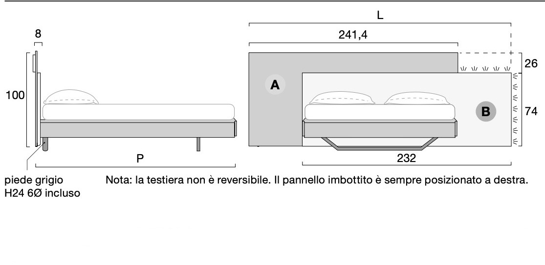 Letto matrimoniale con testiera in noce biondo e inserto tessuto panna, piedini in ferro