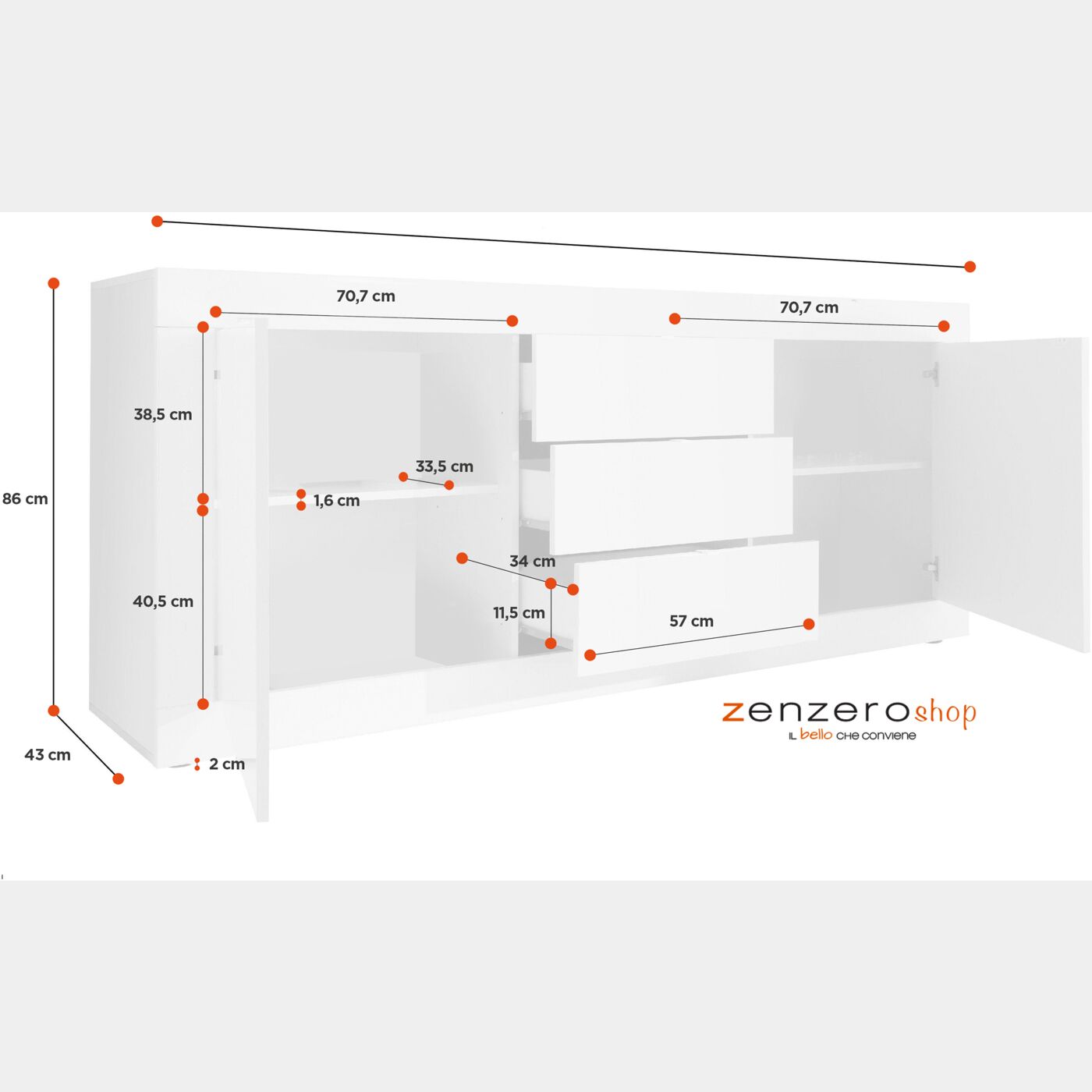 Madia 2 ante e 3 cassetti, L.210 H.86 P.43, Cashmere