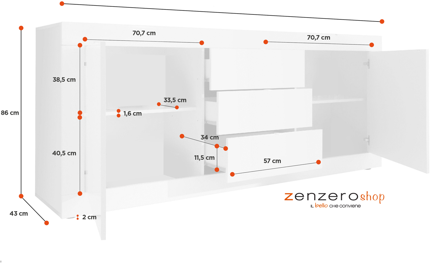 Credenza 3 cassetti e 2 ante, Bianco Lucido