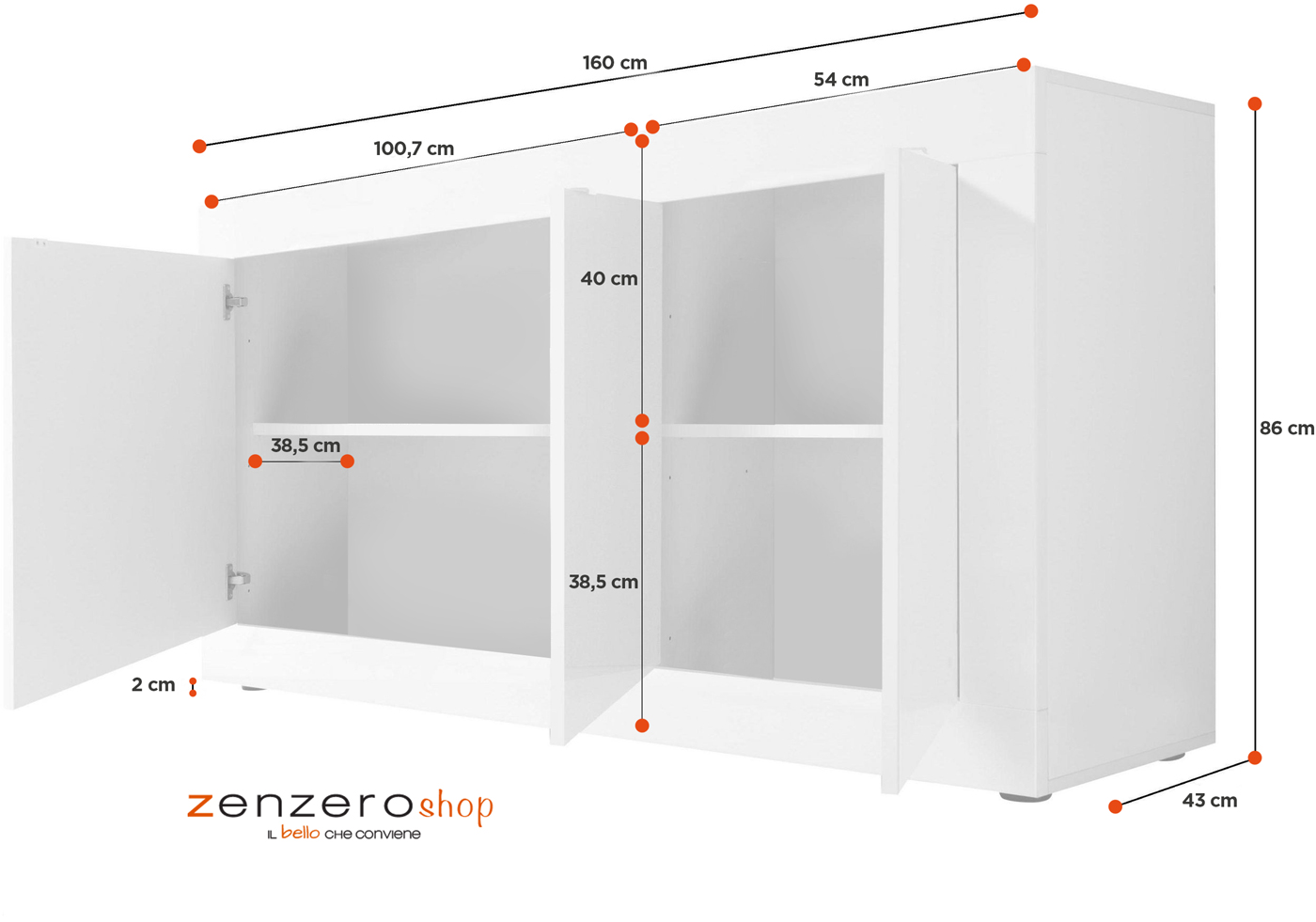 Credenza Moderna, Madia Bianca Lucida con 3 ante in finitura Pero