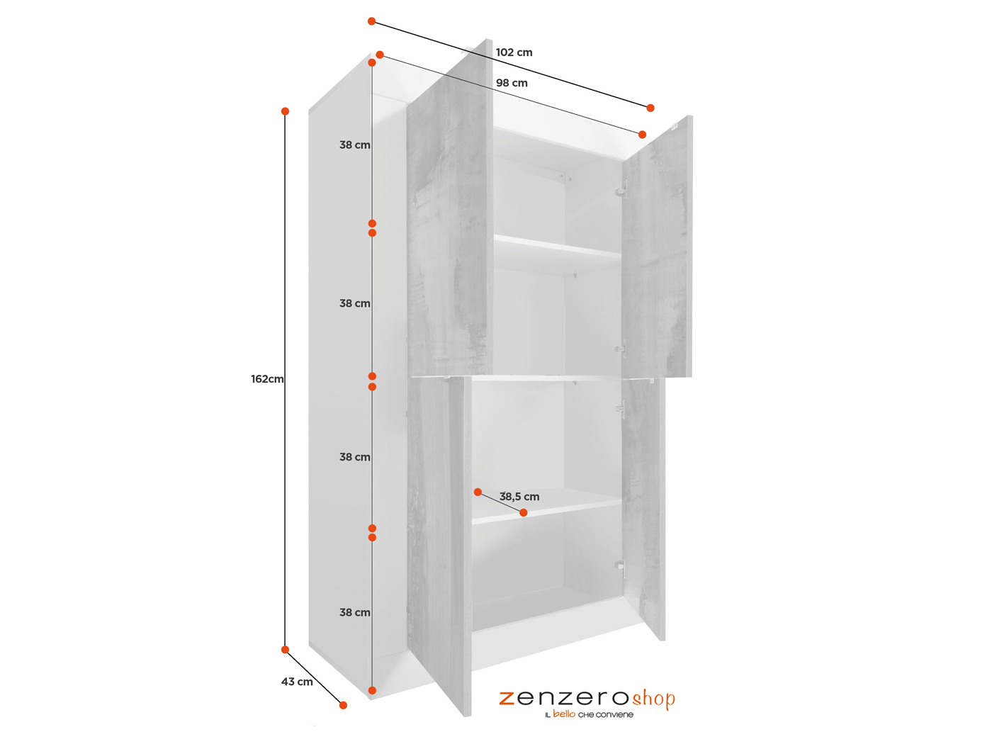 Credenza Moderna, Madia di Design, 4 ante Alta, finitura Bianco Lucido
