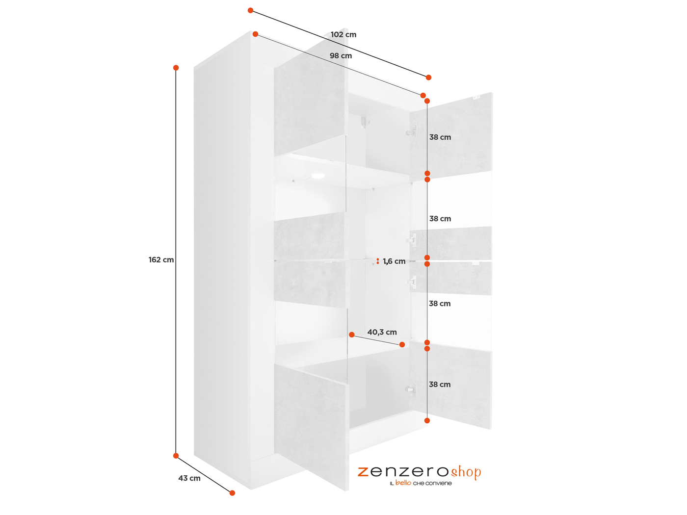 Sala da pranzo bianca lucida e pero moderna, con tavolo allungabile, madia e vetrina
