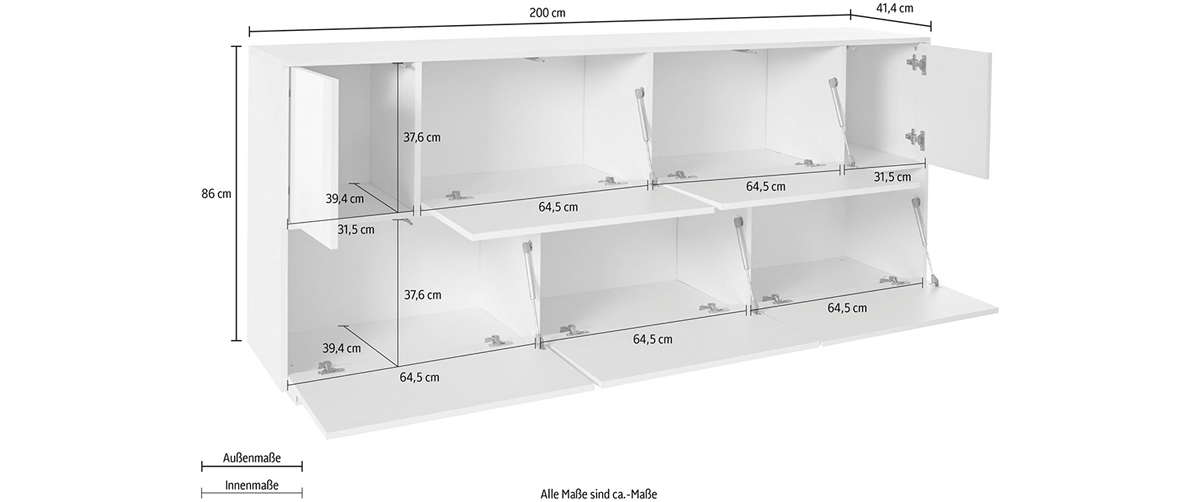 Credenza moderna con cinque ante a ribalta e due ante battenti, noce caracalla e bianco laccato lucido