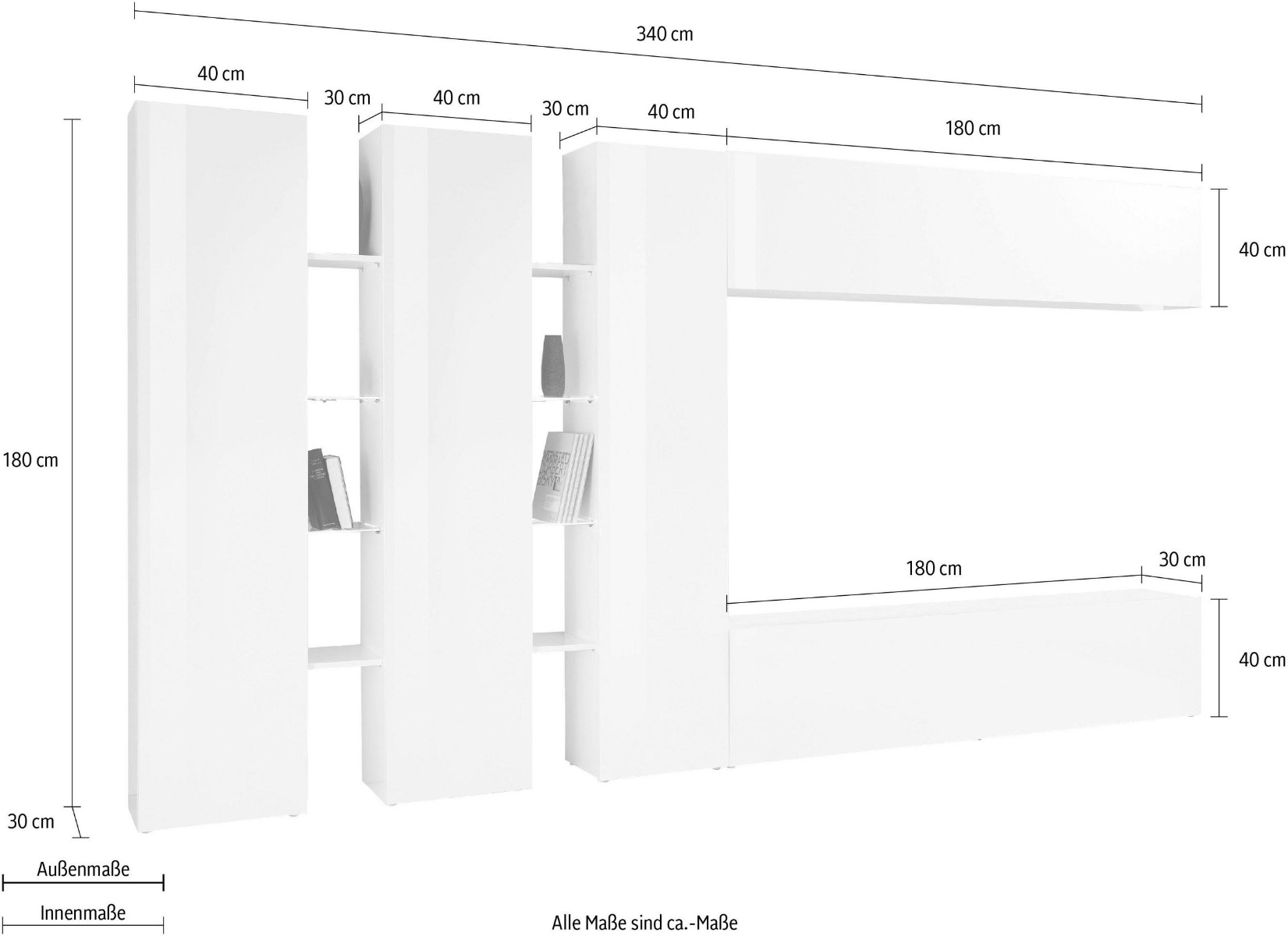 Parete attrezzata L.340 cm, finitura Bianco lucido, Made in Italy