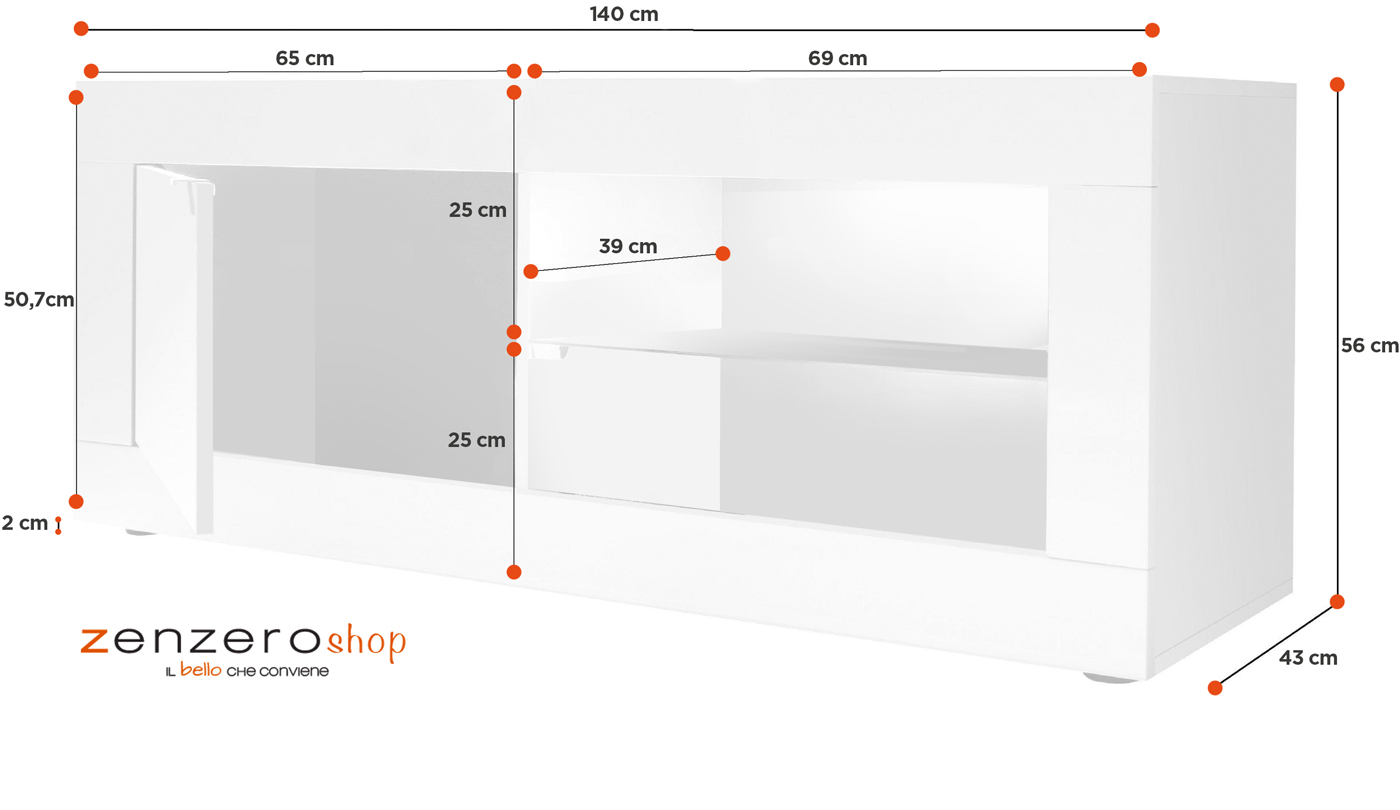 Base Porta TV Bianca Lucida con 1 anta in finitura Pero