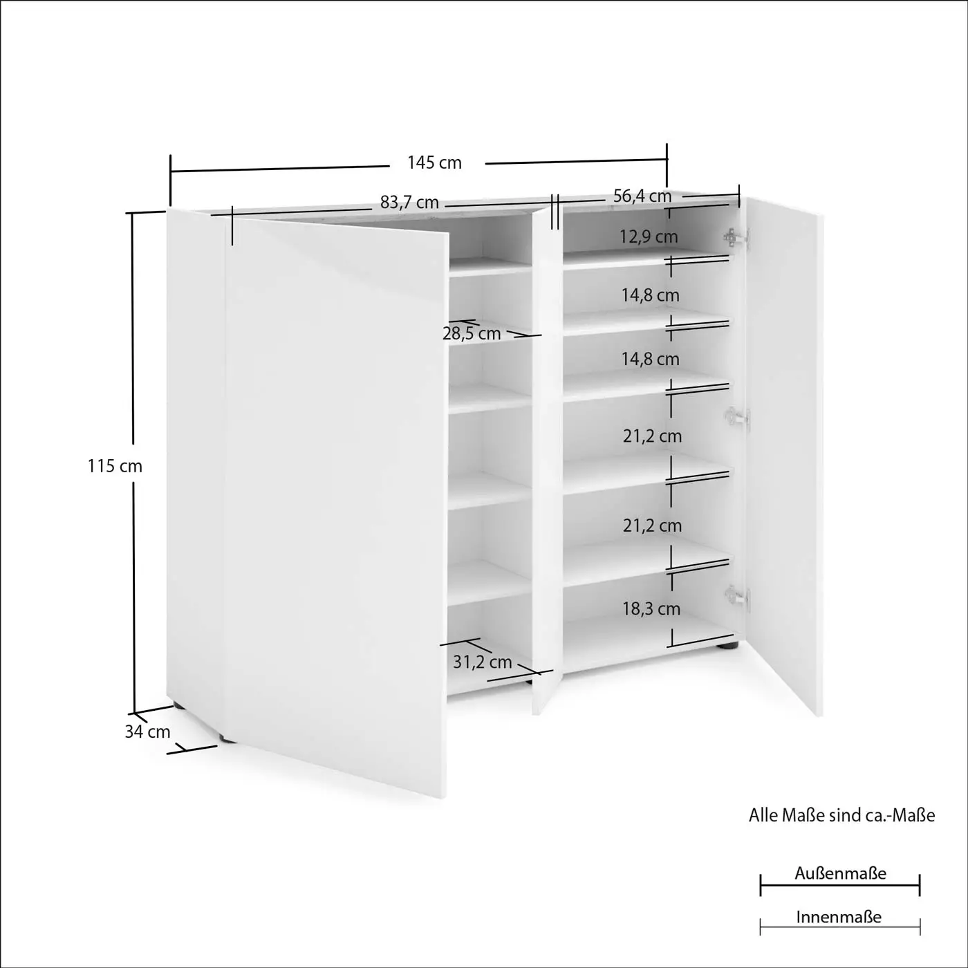 Nuova Scarpiera L.145 cm moderna 3 ante, Bianco lucido
