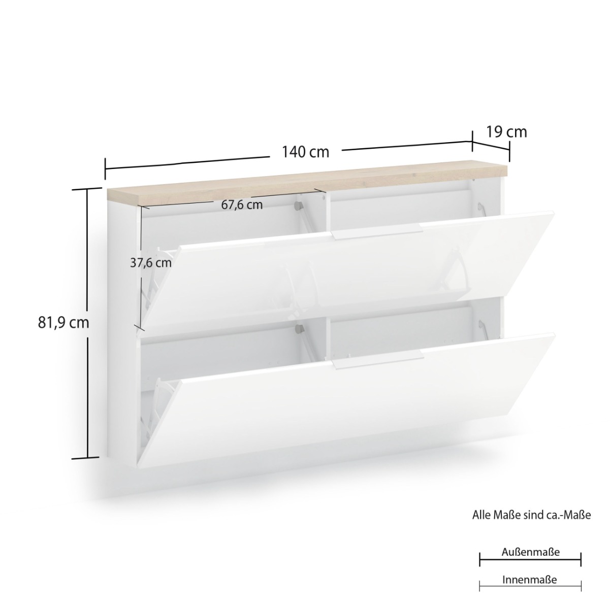 Scarpiera 2 ribalte, Bianco lucido e Rovere chiaro Made in Italy Zenzero Shop
