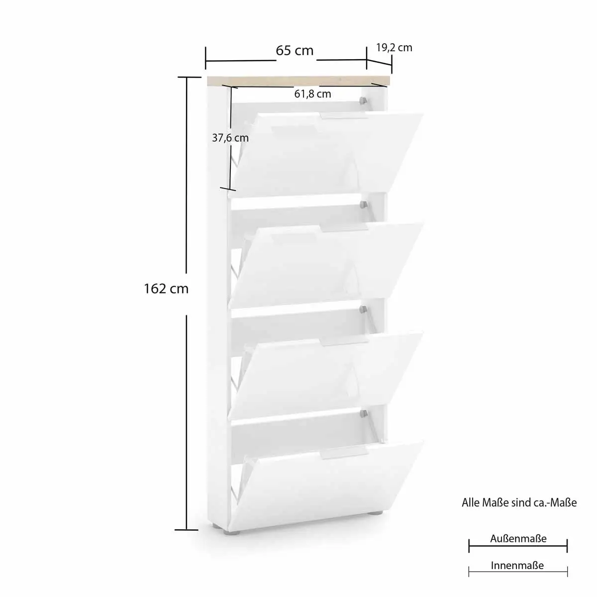 Scarpiera 4 ribalte, Bianco lucido e Rovere