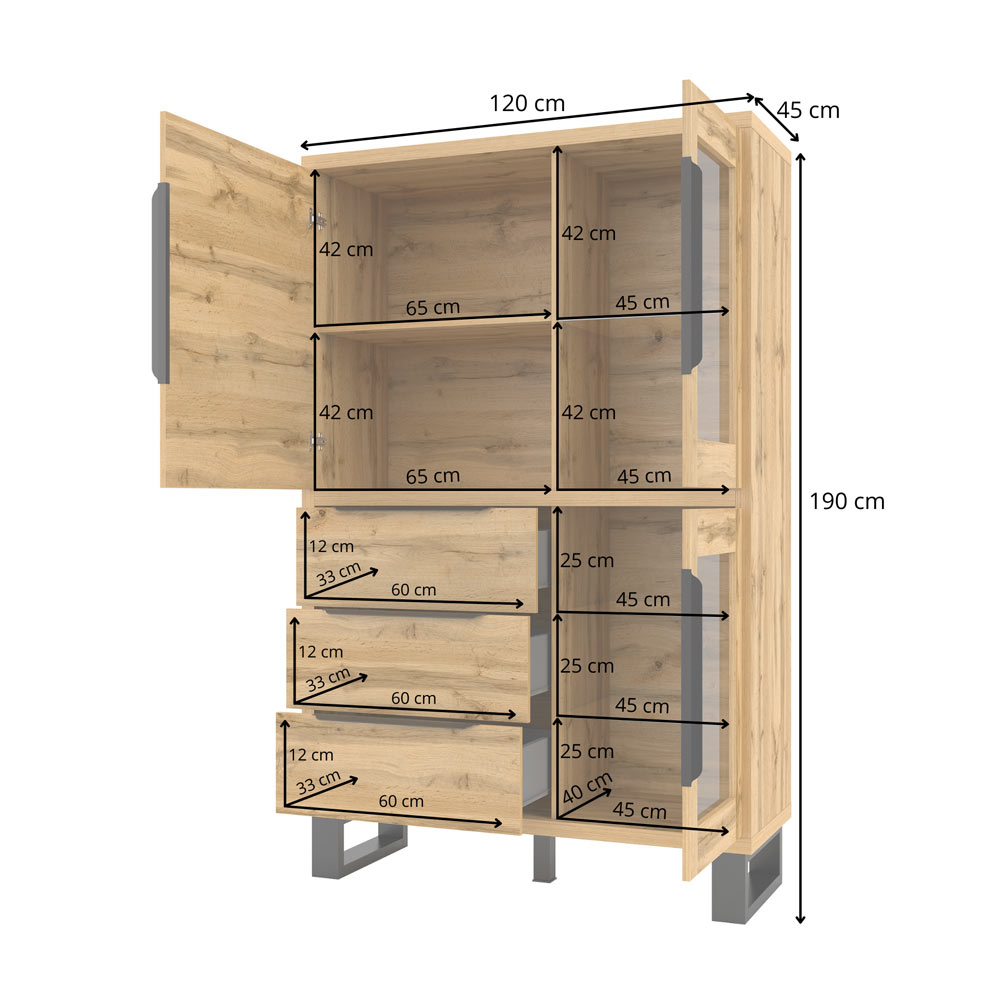 Vetrina Cracovia 3 ante 3 cassetti, finitura quercia e metallo nero