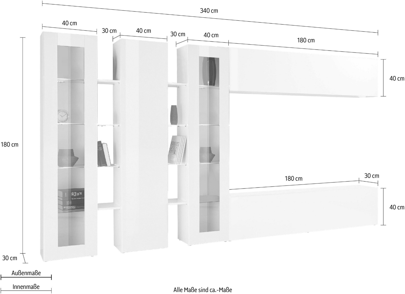 Conveniente Parete attrezzata con vetrine L.340 cm, finitura Bianco lucido, Made in Italy